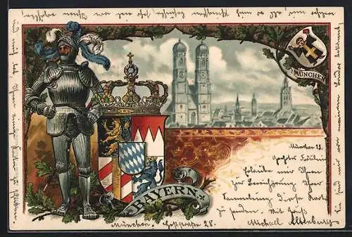 Lithographie München-Au, Frauenkirche, Ritter in Rüstung und Wappen