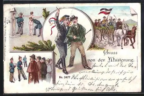 Lithographie Gruss von der Musterung, Rekruten werden gemessen, Namensverlesung