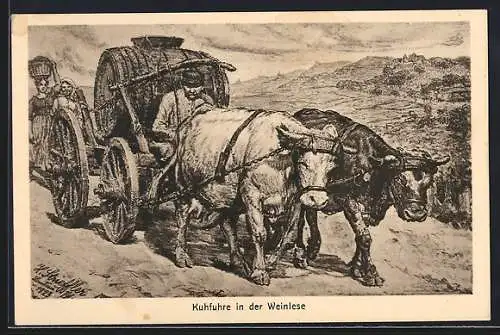 Künstler-AK sign. H. Strieffler: Kuhfuhre in der Weinlese