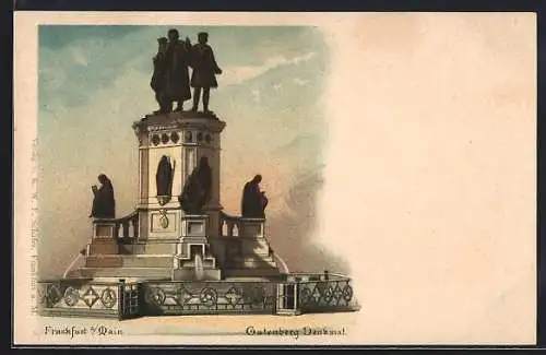 Lithographie Frankfurt /Main, Gutenberg-Denkmal am Rossmarkt