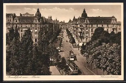 AK Frankfurt a.M., Kaiserstrasse mit Strassenbahnen, Tapetenhaus Jost