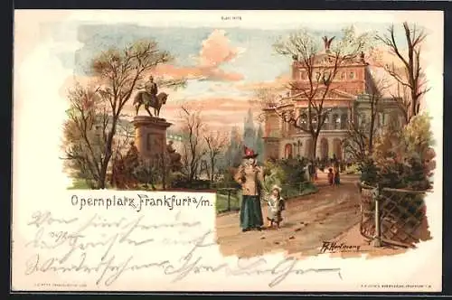 Lithographie Frankfurt /Main, Strassenpartie am Opernplatz