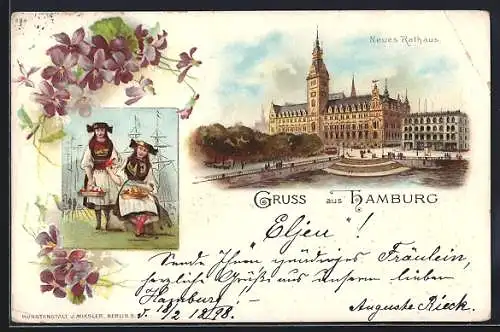 Lithographie Hamburg, Neues Rathaus und zwei Mädchen in Vierländerinnen-Tracht