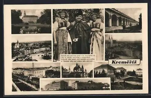 AK Kromeriz, Schloss, Kirche, weitere Motive, zwei Frauen und ein Mann in Tracht