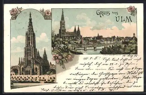 Lithographie Ulm a. D., Dom und Panorama mit Flussbrücke