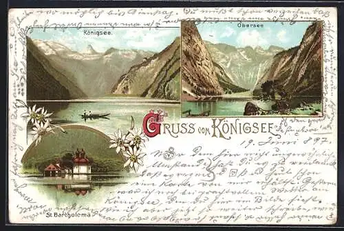 Lithographie Königsee / Berchtesgaden, Blick auf den See, Obersee, St. Bartholomä