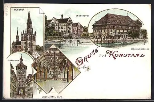 Lithographie Konstanz, Münster, Schnetzthor, Inselhotel, Conciliumgebäude