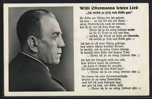 AK Lied Ich mööch so Foss noch Kölle gon! von Willi Ostermann, Willi Ostermann-Porträt