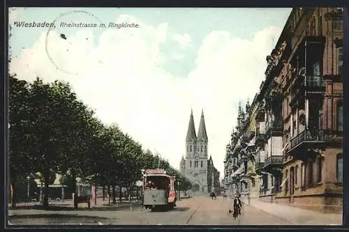 AK Wiesbaden, Rheinstrasse mit Ringkirche, Strassenbahn