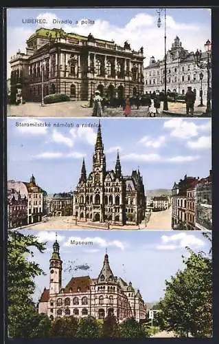 AK Reichenberg / Liberec, Museum, Theater und Hauptpost, Altstädter Platz mit Rathaus