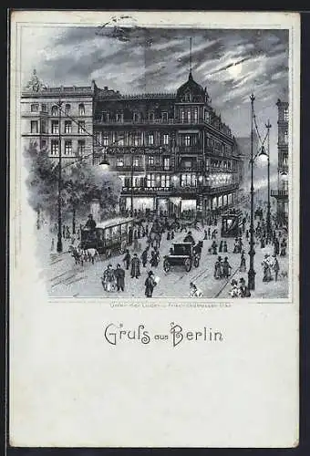 Lithographie Berlin, Unter den Linden Ecke Friedrichstrasse mit Cafe Bauer bei Nacht