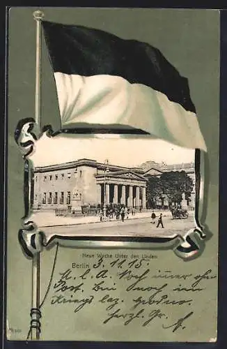 Lithographie Berlin, Neue Wache Unter den Linden, Passepartout mit Flagge Preussen