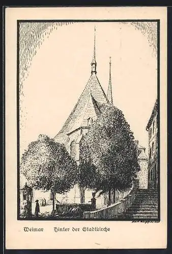 Künstler-AK Weimar / Thüringen, Menschen hinter der Stadtkirche