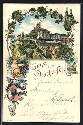 Lithographie Königswinter, Drachenfels-Plateau mit Gasthaus, Engel u. Weinranken