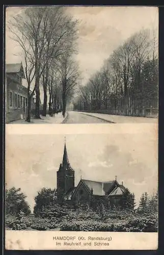 AK Hamdorf bei Rendsburg, Strasse durch die Stadt, Blick auf die Kirche