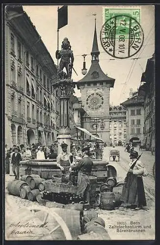 AK Bern, Markttag mit Blick auf Zeitglockenturm und Bärenbrunnen