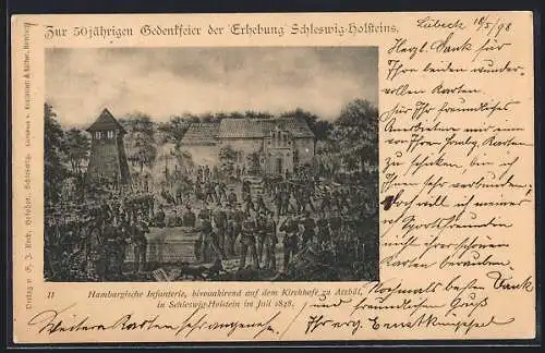 AK 50jährige Gedenkfeier der Erhebung Schleswig-Holsteins, Hamburgische Infanterie auf dem Kirchhofe zu Atzbül 1848