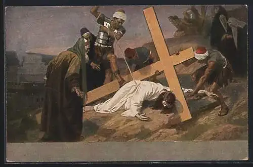 Künstler-AK Jesus erschöpft mit Kreuz