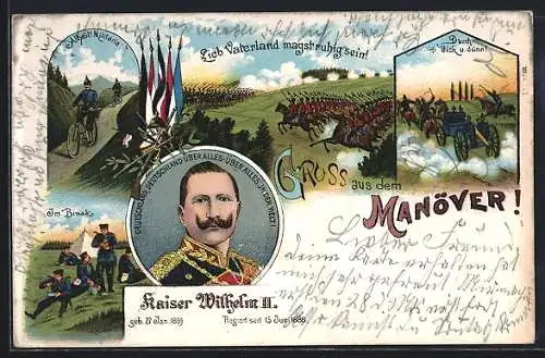 Lithographie Kavalleristen und Artilleristen beim Kaisermanöver, Kaiser Wilhelm II.