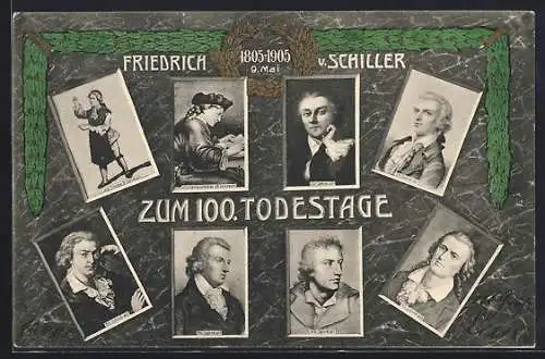 AK 100. Todestag Friedrich Schiller 1805-1905, Porträts in versch. Lebensaltern