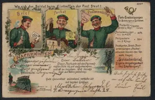 Lithographie Wie sich der Soldat beim Eintreffen der Post freut!