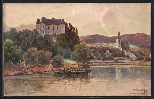 Künstler-AK Fritz Lach: Grein /Donau, Ort mit Schloss Greinburg