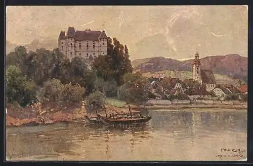 Künstler-AK Fritz Lach: Grein /Donau, Ort mit Schloss Greinburg