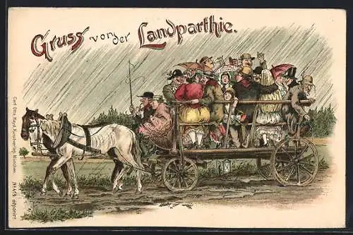 Lithographie Gruss von der Landpartie, Mann mit Pferdegespann fährt durch den Regen