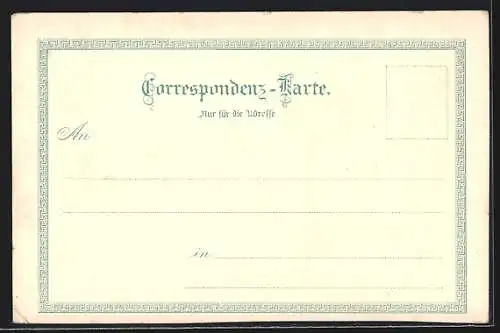 Lithographie Gruss von der Landpartie, Mann mit Pferdegespann fährt durch den Regen