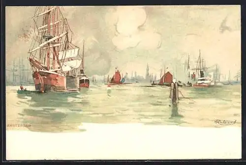 Künstler-Lithographie Henri Cassiers: Segelboote vor der Silhouette einer Stadt