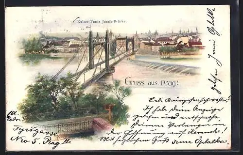 Künstler-AK Prag / Praha, Kaiser Franz Josefs-Brücke aus der Vogelschau