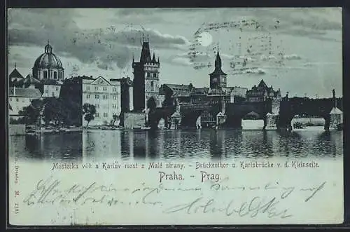 Mondschein-AK Prag / Praha, Brückenthor und Karlsbrücke von der Kleinseite