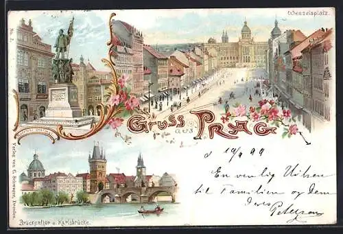 Lithographie Prag / Praha, Brückenthor und Karlsbrücke, Wenzelsplatz