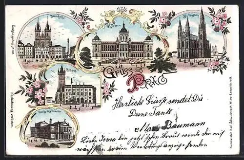 Lithographie Prag / Praha, Kgl. Museum, Deutsches Theater und St. Veitsdom