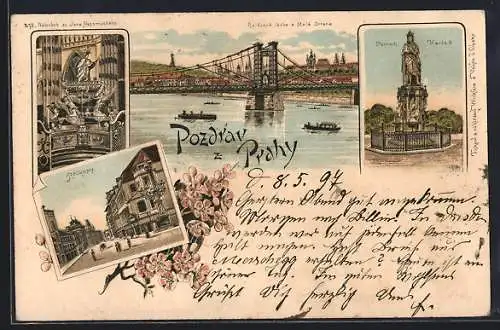 Lithographie Prag / Praha, Ortsansicht, Brücke, Pomnik Karla II.