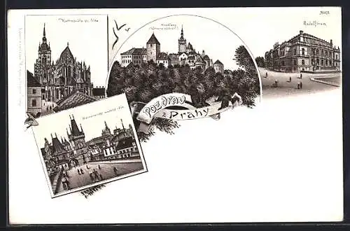 Lithographie Prag / Praha, Dom St. Veit, Der Hradschin, Rudolfinum