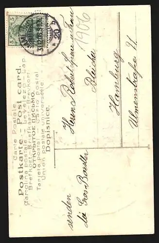 Präge-AK Neujahrsgruss, Junge mit Brief und Blumenkorb