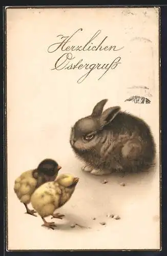 AK Osterhase mit zwei Osterküken