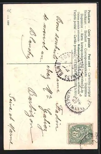 Präge-AK Flusslandschaft im Kleeblatt-Passepartout mit Vergissmeinnicht