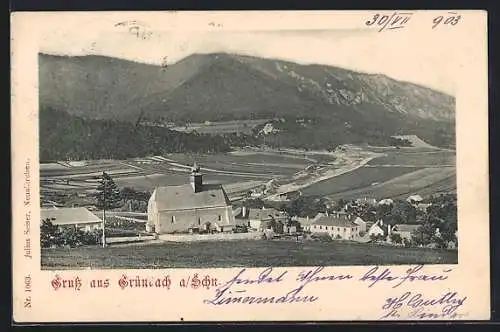 AK Grünbach a. Schn., Ortsansicht mit Kirche, Feldern und Bergpanorama aus der Vogelschau