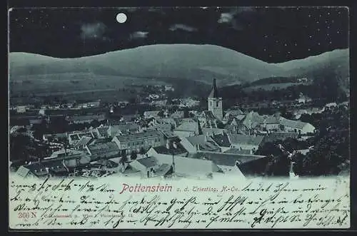 Mondschein-AK Pottenstein a. d. Triesting, Ortsansicht mit Bergpanorama aus der Vogelschau