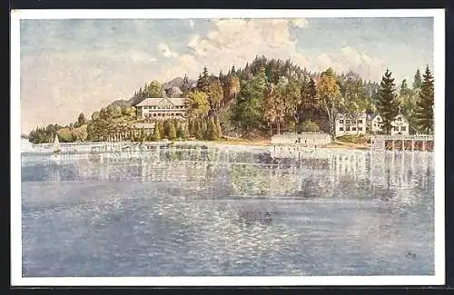 Künstler-AK Sekirn am Wörthersee, Strandhotel Wienerheim vom Wasser aus