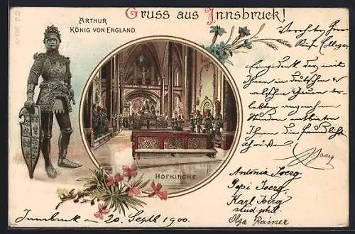 Lithographie Innsbruck, Hofkirche mit Arthur, dem König von England