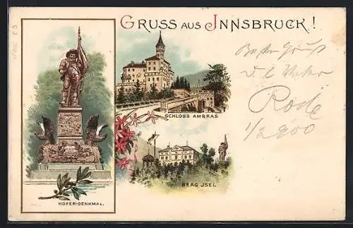 Lithographie Innsbruck, Schloss Amras, Berg Isel, Hofer-Denkmal