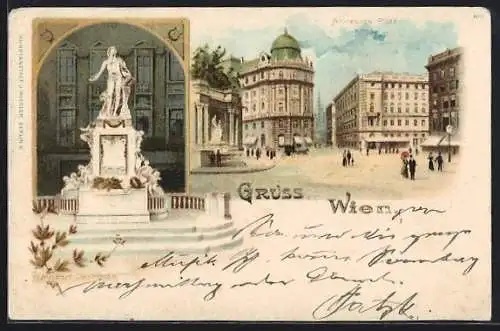 Lithographie Wien, Albrechtsplatz mit Passanten, Mozart-Denkmal