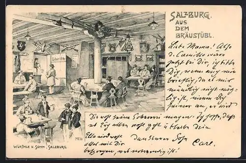 Lithographie Salzburg, Gasthaus Bräustübl, Innenansicht mit Gästen