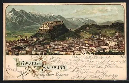 Lithographie Salzburg, Panoramablick mit Schloss und Gebirge