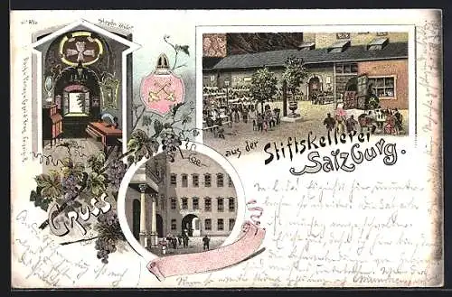 Lithographie Salzburg, Gasthaus Stiftskellerei mit Gartenlokal, Haydn Stüberl, Aussen- u. Innenansicht