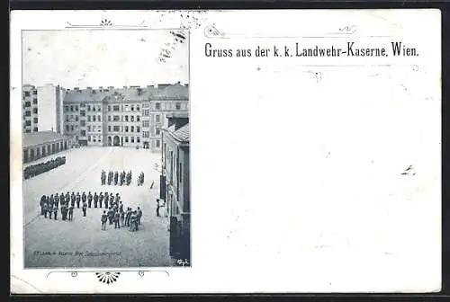 AK Wien, K. k. Landwehr-Kaserne Siebenbrunnengasse, Hof mit Soldaten, Ornament-Rahmen