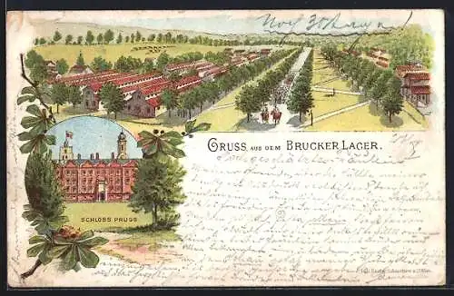 Lithographie Brucker Lager, Schloss Prugg, Ortsansicht